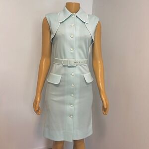 Vintage Nardis  60s/70s Light Blue Sleeveless Dress White Beaded Trim Belt‎ 6 S